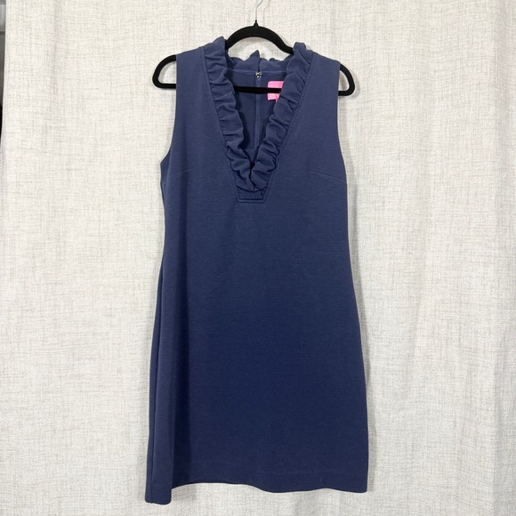 Lilly Pulitzer Dresses & Skirts - Lilly Pulitzer Shift Dress L Navy Blue Ruffle V-Neck Sleeveless Coastal Nautical